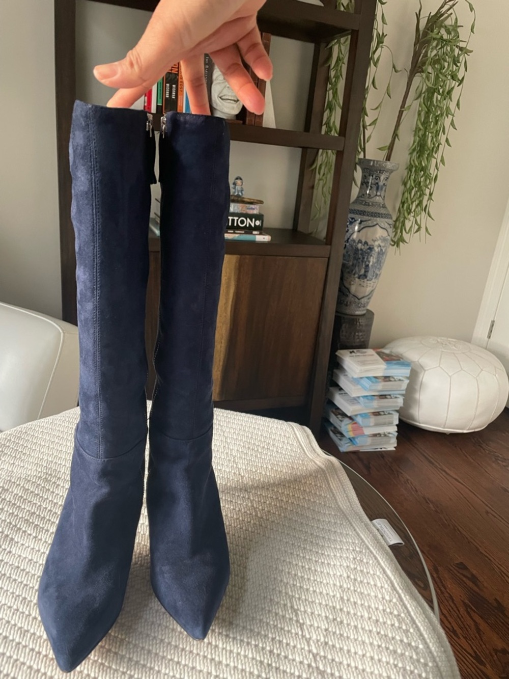 Nine West Navy Suede Knee-High Pointed Toe Heeled Boots